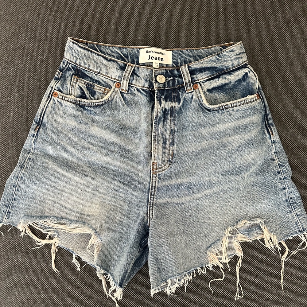 Reformation Blue Jean Shorts with Distressed Hem